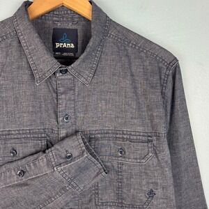Prana Men's Medium Grey Blue Long Sleeve Button Up Shirt Hemp Blend Outdoor